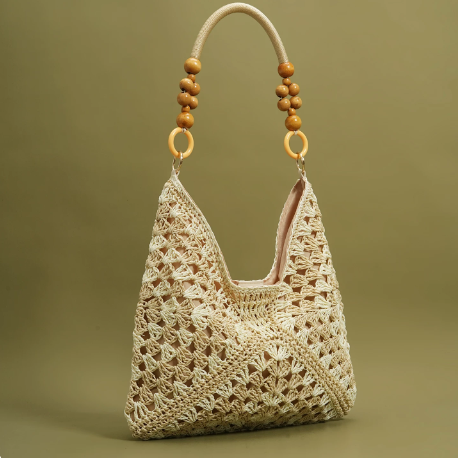 Summer woven straw woven bead shoulder tote bag for women 2026 new beach vacation bag