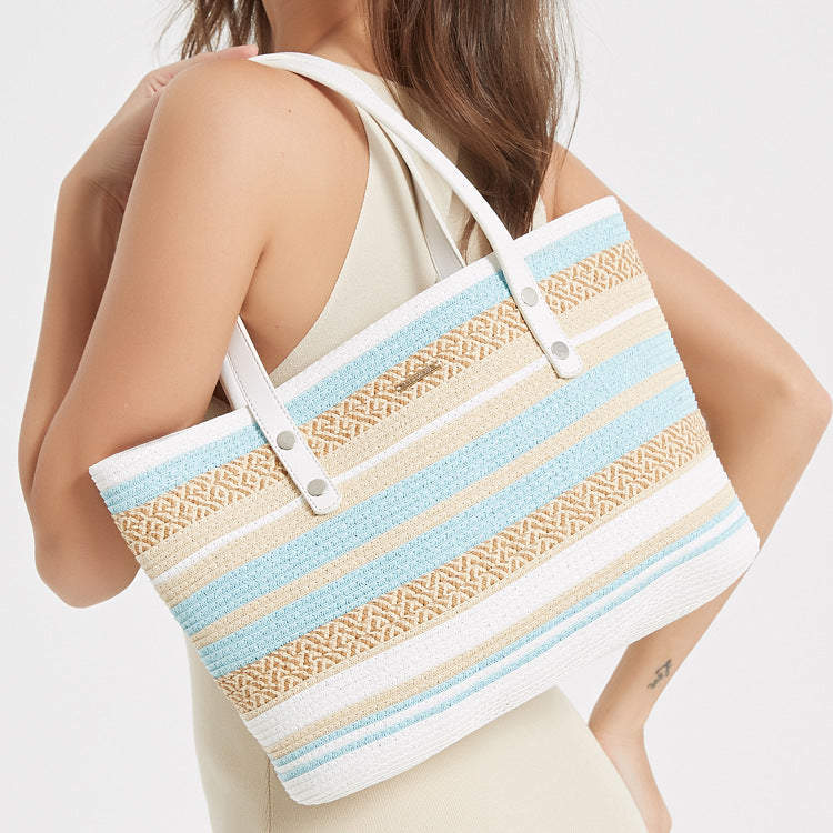 Women's summer beach hat European and American versatile backpack handbag Outdoor travel vacation striped leisure bag